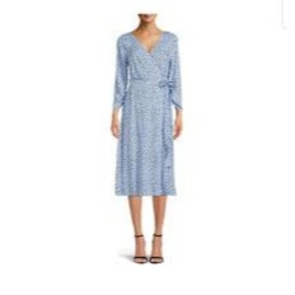 BeachLunchLounge Blue Pattern Wrap Dress Womens L Polka Dot Vacation Travel - Picture 1 of 16
